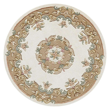Royal Traditional Floral Aubusson Medallion Border French-Style Hand-Carved Hi-Low Textured Soft Durable Wool Cream/Beige Round Rug-Melrose-Rug Love - The Most Loved Rug Store